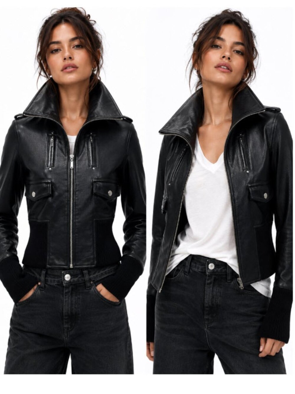 Black Leather Bomber Jacket Small with Ribbed Hem and Cuffs by Urban Behavior